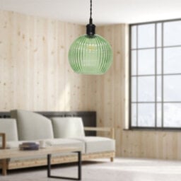 First Choice Lighting Set Of 2 Betchley - Green Ribbed Glass Black Retro Pendant Fittings - thumbnail 5