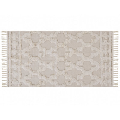 Beliani Beige Cotton Area Rug 80 X 150 Cm - Moroccan Quatrefoil With Tassel Fringe - image 1
