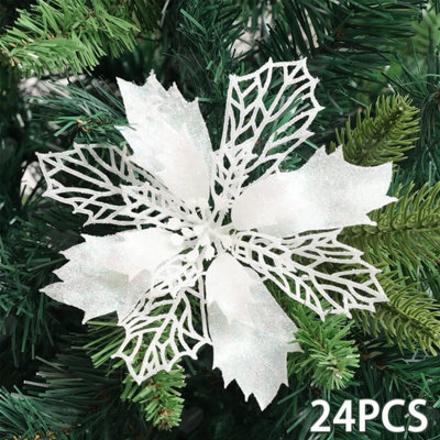 Amorly 24Pcs Glitter White Artificial Poinsettia Flowers, Festive Ornaments For Christmas Tree, Wreath And Xmas Holiday Home Decorations - image 1