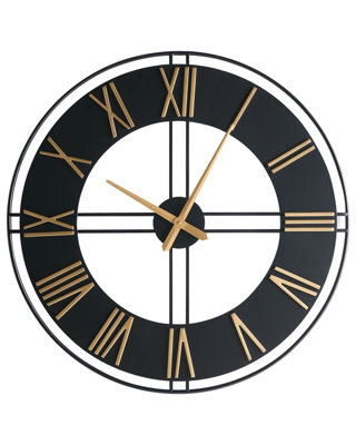 Wyld And Coco Industrial Wall Clock 80Cm Matte Black Iron With Gold Roman Numerals - image 1