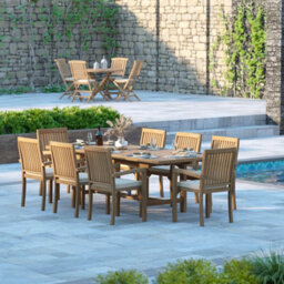 Eterna Duchy Teak Garden Outdoor Dining Table & 8 Seat Chair Set - With Green Cushions