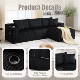 Matteo Modular Sectional L-Shaped Cloud Sofa With Cup Holders - Black - thumbnail 3