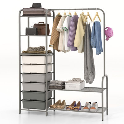 Costway 3-Tier Clothes Rails Stand Garment Coat Rack Free-Standing Closet W/ 6 Drawers - image 1