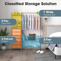 Costway 3-Tier Clothes Rails Stand Garment Coat Rack Free-Standing Closet W/ 6 Drawers - thumbnail 6