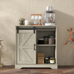 Natural Sliding Barn Door Buffet Sideboard Storage Cabinet Coffee Bar - thumbnail 1