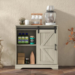 Natural Sliding Barn Door Buffet Sideboard Storage Cabinet Coffee Bar - thumbnail 6