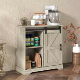 Natural Sliding Barn Door Buffet Sideboard Storage Cabinet Coffee Bar - thumbnail 5