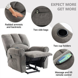 Abrihome Grey Electric Lift Senior Chair With Single Motor, Heated Massage, Stand Assist, Storage Pockets, Cup Holders - thumbnail 2