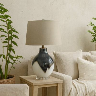 Wyld Haus Mist Grey Wave Glass Table Lamp With Cream Linen Shade - image 1