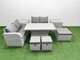 Fimous 7 Seater Outdoor Love Sofa Set Rattan Garden Furniture Set Adjustable Lifting Table 3 Footstool 2 Side Tables Light Grey - thumbnail 2