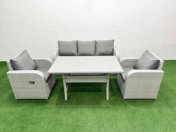 Fimous Pe Rattan Garden Furniture Set Reclining Chair Sofa Lounge Sofa Set Rectangular Dining Table Light Grey - thumbnail 2