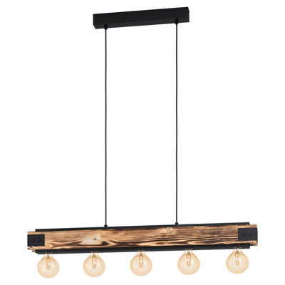 Stylish Wood Grain & Black 5-Bulb Ceiling Pendant Light For Kitchen Island - image 1