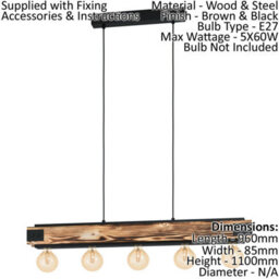Stylish Wood Grain & Black 5-Bulb Ceiling Pendant Light For Kitchen Island - thumbnail 2