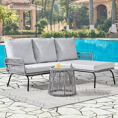 Home Detail L Shape Garden Set In Grey With Wicker Rope Style With Coffee Table Grey Cushions - image 1