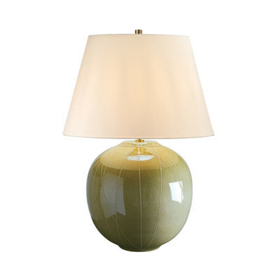 Elegant Green Glaze Table Lamp With Cream Faux Silk Shade And Led Bulb