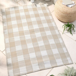 Dreams & Drapes Gingham Classic Check Print Uv Resistant Natural Outdoor Rug - thumbnail 1
