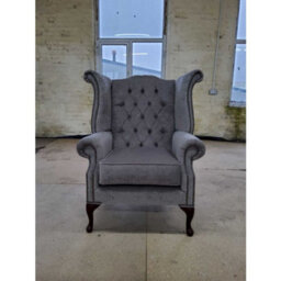 Chesterfield High Back Wing Chair Pimlico Carbon Grey Real Fabric Bespoke In Queen Anne Style - thumbnail 3