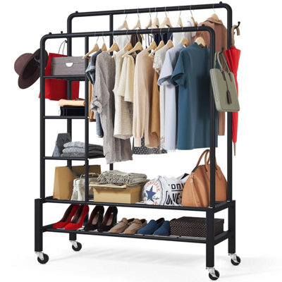 Klass Home Collection Heavy Duty Clothes Rail, 120 Kg Black Metal Rack With Double Hanging Clothing Shoe Storage Shelves & 4 Coat