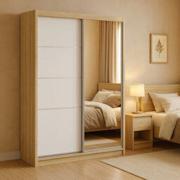 Multi 35 X 183 Sliding Wardrobe With Mirror Modern Sonoma Oak And White Semi Gloss Finish Space Saving Design - thumbnail 1