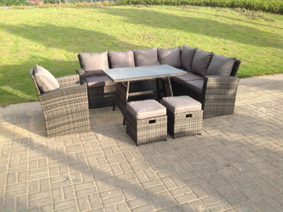Fimous 9 Seater High Back Dark Mixed Grey Rattan Corner Sofa Set Outdoor Furniture Rectangular Dining Table 2 Footstools Chair - image 1