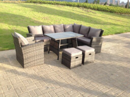 Fimous 9 Seater High Back Dark Mixed Grey Rattan Corner Sofa Set Outdoor Furniture Rectangular Dining Table 2 Footstools Chair - thumbnail 2