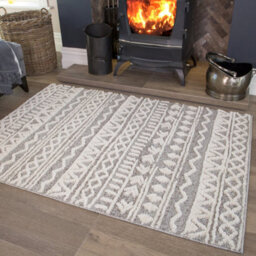 Loomed Aztec Geometric Silver Grey White Plush Scandi Area Rug 80X150Cm - thumbnail 2