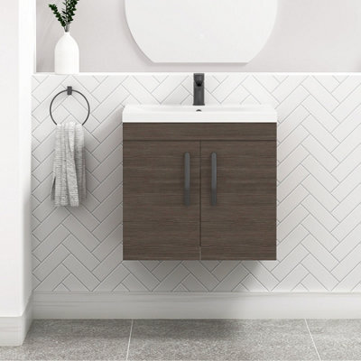 Royal Bathrooms Turin Grey Elm 600mm Wall Hung Vanity Unit 2 Door With Mid-Edge Basin Sink & Matt Black Handles - image 1