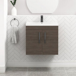 Royal Bathrooms Turin Grey Elm 600mm Wall Hung Vanity Unit 2 Door With Mid-Edge Basin Sink & Matt Black Handles - thumbnail 1