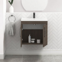 Royal Bathrooms Turin Grey Elm 600mm Wall Hung Vanity Unit 2 Door With Mid-Edge Basin Sink & Matt Black Handles - thumbnail 5