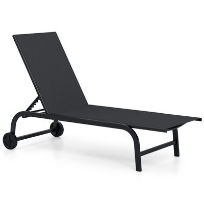 Gainoom Outdoor Black Chaise Lounge Chair With Wheels 6-Position Recliner Poolside Tanning Furniture - image 1