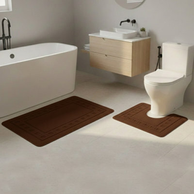 2 Piece Box Design Bath Mat Set Soft Absorbent Non-Slip Bathroom Mats Chocolate - image 1