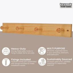 Keypak Wooden Coat Hooks - Pine Wall-Mounted Coat Rack - 41 Cm Wooden Hook Rail With 4 Hooks For Coats, Jackets & Hats - thumbnail 2