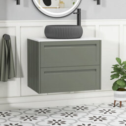 Royal Bathrooms Royal Bathroom Elmore 700mm Matt Green Wall Mounted Bathroom Vanity Unit 2 Drawer Plain White Worktop With Milan Black Basin - thumbnail 1