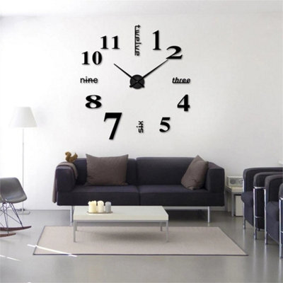 Black Stick On Wall Clock Modern Diy 3D Number Sticker Decor Home Office Kids Room Bow - image 1