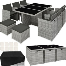 Tectake New York 6+4+1 Aluminum Rattan Seating Set With Protective Cover - Light Grey