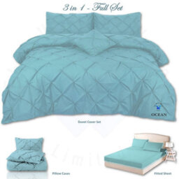 TheWhiteWater Limited Pintuck Duvet Cover Set + Matching Pillowcases With Bedsheet - 3In1 Hotel Style Bedding Set - Ocean Blue - thumbnail 2