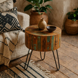 Wyld Haus Seattle Reclaimed Wood Drum Side Table With Metal Hairpin Legs - thumbnail 4