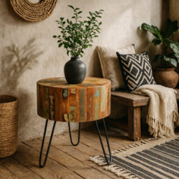 Wyld Haus Seattle Reclaimed Wood Drum Side Table With Metal Hairpin Legs - thumbnail 2
