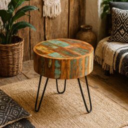 Wyld Haus Seattle Reclaimed Wood Drum Side Table With Metal Hairpin Legs - thumbnail 3