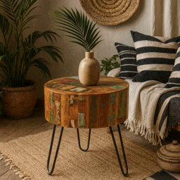 Wyld Haus Seattle Reclaimed Wood Drum Side Table With Metal Hairpin Legs - thumbnail 1