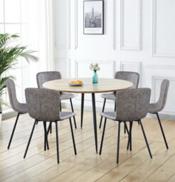 Hallowood Furniture Cullompton Large Round Dining Table With Light Oak Effect Top (120Cm) With 6 Grey Leather Effect Chairs - thumbnail 1