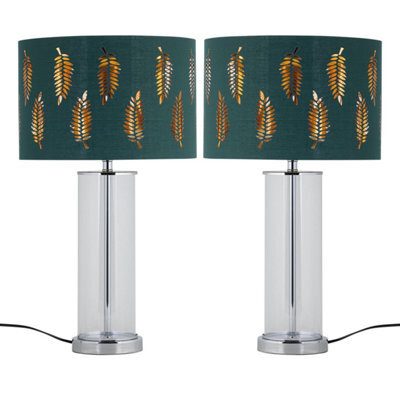 First Choice Lighting Set Of 2 Aura - Chrome Table Lamps With Green Fern Cut Out Shades - image 1