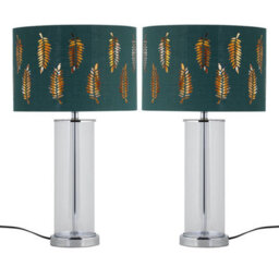 First Choice Lighting Set Of 2 Aura - Chrome Table Lamps With Green Fern Cut Out Shades