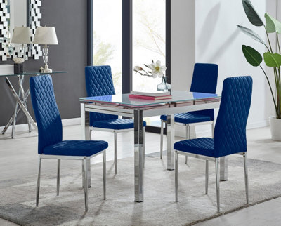 Furniturebox Uk Enna White Glass Extending Dining Table And 4 Navy Velvet Milan Chairs - image 1