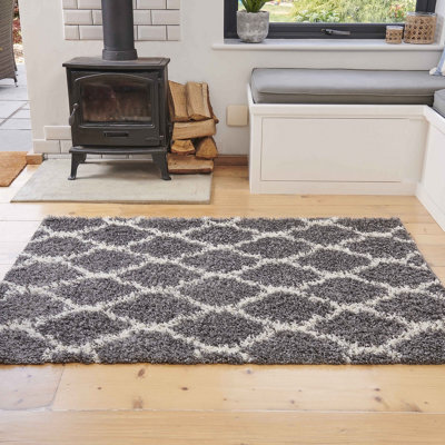 Loomed Grey Cream Trellis Scandi Shaggy Living Area Rug 110X160Cm - image 1