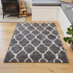 Loomed Grey Cream Trellis Scandi Shaggy Living Area Rug 110X160Cm - thumbnail 2