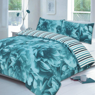 Homes & Linen Rose Floral Duvet Cover Set Flowers Reversible Stripe Printed Bedding Set