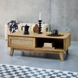 Sweeek - Coffee Table With 2 Niches 1 Sliding Door Wood And Cane Effect Eucalyptus Legs - thumbnail 5