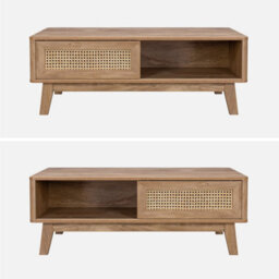 Sweeek - Coffee Table With 2 Niches 1 Sliding Door Wood And Cane Effect Eucalyptus Legs - thumbnail 2