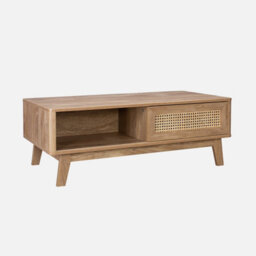 Sweeek - Coffee Table With 2 Niches 1 Sliding Door Wood And Cane Effect Eucalyptus Legs - thumbnail 1